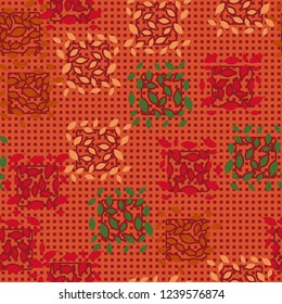 Seamless pattern. Autumn theme. Foliage and squares on the background of rows of small squares.