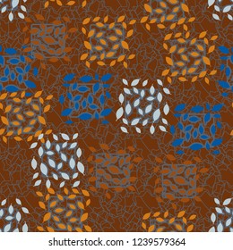 Seamless pattern. Autumn theme. Foliage and squares on the interlacing of seven-pointed stars.