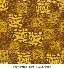 Seamless pattern. Autumn theme. Foliage and squares on the interlacing of seven-pointed stars.