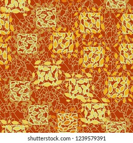 Seamless pattern. Autumn theme. Foliage and squares on the interlacing of seven-pointed stars.