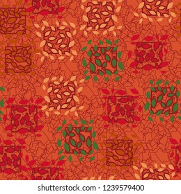 Seamless pattern. Autumn theme. Foliage and squares on the interlacing of seven-pointed stars.