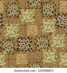 Seamless pattern. Autumn theme. Foliage and squares on a background of rhombuses drawn by wavy lines.