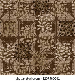 Seamless pattern. Autumn theme. Foliage and squares on a background of rhombuses drawn by wavy lines.
