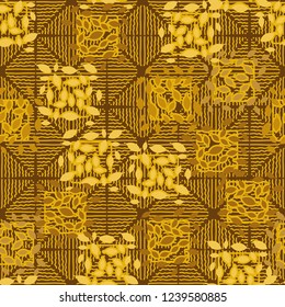 Seamless pattern. Autumn theme. Foliage and squares on a background of rhombuses drawn by wavy lines.