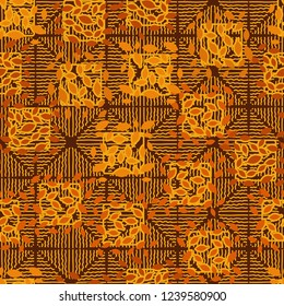 Seamless pattern. Autumn theme. Foliage and squares on a background of rhombuses drawn by wavy lines.