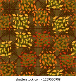 Seamless pattern. Autumn theme. Foliage and squares on a background of rhombuses drawn by wavy lines.