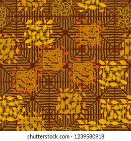Seamless pattern. Autumn theme. Foliage and squares on a background of rhombuses drawn by wavy lines.
