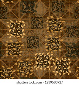 Seamless pattern. Autumn theme. Foliage and squares on a background of rhombuses drawn by wavy lines.