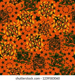 seamless pattern. autumn theme. foliage and squares on the background of circles.
