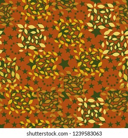 seamless pattern. autumn theme. foliage and squares on the background of circles.