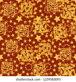 seamless pattern. autumn theme. foliage and squares on the background of circles.