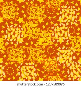 seamless pattern. autumn theme. foliage and squares on the background of circles.