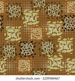 Seamless pattern. Autumn theme. Foliage and squares on the background of rows of small five-pointed stars.