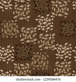 Seamless pattern. Autumn theme. Foliage and squares on the background of rows of small five-pointed stars.