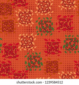 Seamless pattern. Autumn theme. Foliage and squares on the background of rows of small five-pointed stars.