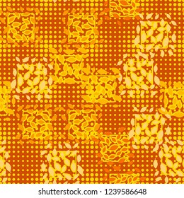 Seamless pattern. Autumn theme. Foliage and squares on the background of rows of varying circles.