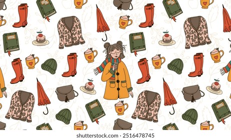 Seamless pattern with autumn theme. Hand drawn.