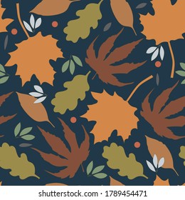 Seamless pattern. Autumn theme, leaves of different trees. Simple cartoon flat style. For paper, cover, fabric, gift wrapping, wall art, interior decor