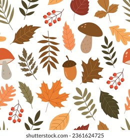 Seamless pattern with autumn theme. Autumn leaves, mushrooms and plants
