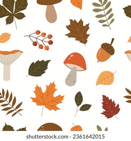 Seamless pattern with autumn theme. Autumn leaves, mushrooms and plants