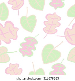 Seamless   pattern of autumn  theme, leaves, spots, doodles. Hand drawn.