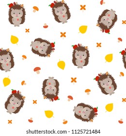 Seamless pattern autumn theme Scandinavian style, little hedgehog, plant, leaf, mushroom. Yellow, red, brown, orange on white background. Kids backdrop, textile fabric print, scrapbook paper, clothes.