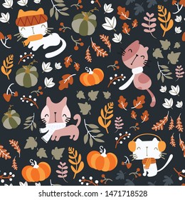 Seamless pattern of autumn theme. Vector of hand drawn illustration with cute cats wearing scarf, playing on pumpkin patch. Dark/ night background.