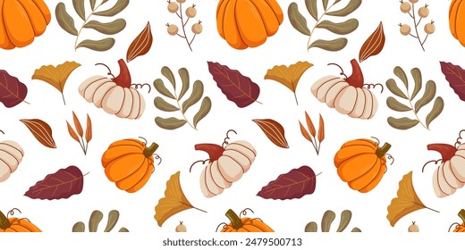 Seamless pattern autumn themed elements, including orange and white pumpkins, various types of fall leaves in shades of brown, yellow, and burgundy, and small berries. Fall mood textile print