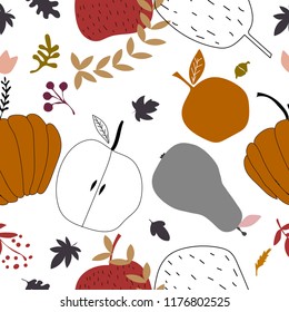 Seamless pattern. Autumn time. Different apples, pumpkins, leaves, berries in a simple graphic style. Transparent background. Scandinavian style. Vector