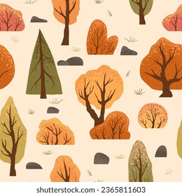 Patrón sin foco con árboles de otoño, arbustos. Ilustración natural de estilo escandinavo. Fondo del paisaje otoñal. Ilustración vectorial para textiles, papel tapiz, diseño de tela, papel envolvente