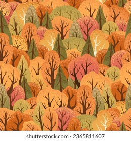 Seamless pattern with autumn trees, bushes. Scandinavian style nature illustration. Fall landscape background. Vector illustration for textile,wallpaper, fabric design, wrapping paper