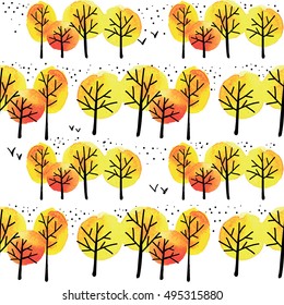 
Seamless pattern with autumn trees. Drawing by hand with ink spots. Children's drawing. Background in the Scandinavian style.