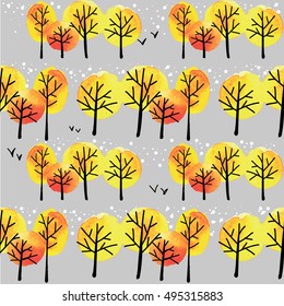 
Seamless pattern with autumn trees. Drawing by hand with ink spots. Children's drawing. Background in the Scandinavian style.
