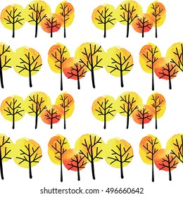 
Seamless pattern with autumn trees. Drawing by hand with ink spots. Children's drawing. Background in the Scandinavian style.