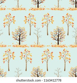 Seamless pattern of autumn trees with leaves falling in green background, Vector illustration of autumn background, Flat cartoon vector seamless for wall paper or fabric in yellow foliage