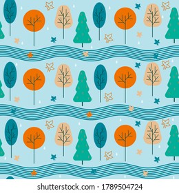 Seamless pattern. Autumn trees, leaves and stylized river on blue background. Vector background.