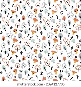 Patrón sin foco con otoño, árboles, hojas, setas sobre un fondo blanco. Ilustración vectorial dibujada a mano. Excelente para textiles, envoltura, diseño, tarjetas de felicitación, impresión. El patrón se puede editar