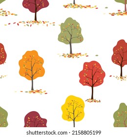 Patrón sin soldadura de los árboles de otoño con hojas que caen sobre fondo blanco, ilustración vectorial patrón colorido fondo de caída, árbol natural de repetición de dibujos animados para papel o tela