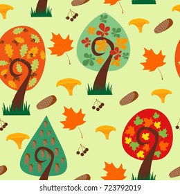 seamless pattern with autumn trees, leaves, cps, acorn