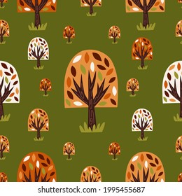 Seamless pattern with autumn trees. Modern fall seasonal decor. Endless background for fabric, textile, kids design. Vector illustration.