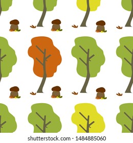 Seamless pattern with autumn trees and mushrooms