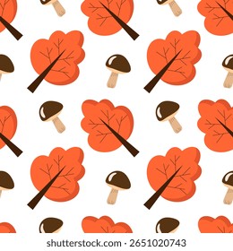 Seamless pattern of autumn trees and mushrooms on a white background. Vector illustration in a flat style for the design of covers, packaging, wrapping paper, fabric