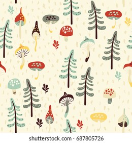 Seamless pattern with autumn trees and mushrooms on a yellow background. Vector illustration.