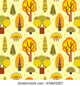 Seamless pattern with autumn trees on a yellow background. Cartoon nature wallpaper.