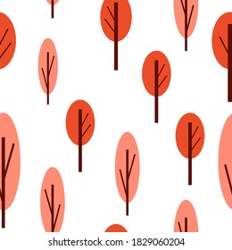 Seamless pattern with autumn trees. Red and pink. White background. Cartoon flat style. Garden or forest. Nature and ecology. For postcards, wallpaper, textile, scrapbooking and wrapping paper