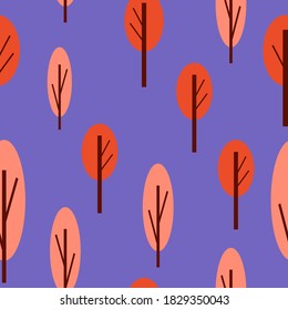 Seamless pattern with autumn trees. Red and pink. Violet background. Cartoon flat style. Garden or forest. Nature and ecology. For postcards, wallpaper, textile, scrapbooking and wrapping paper
