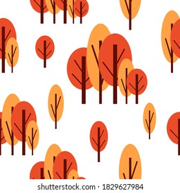 Seamless pattern with autumn trees. Red and pink. White background. Cartoon flat style. Garden or forest. Nature and ecology. For postcards, wallpaper, textile, scrapbooking and wrapping paper