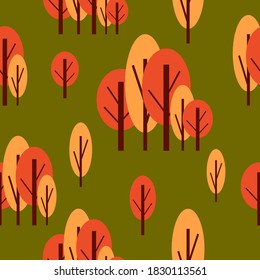 Seamless pattern with autumn trees. Red and pink. Green background. Cartoon flat style. Garden or forest. Nature and ecology. For postcards, wallpaper, textile, scrapbooking and wrapping paper