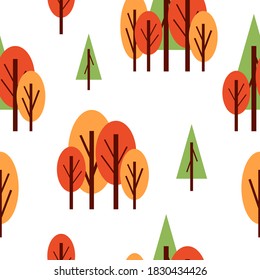 Seamless pattern with autumn trees. Red, green and orange. White background. Cartoon flat style. Garden or forest. Nature and ecology. Postcards, wallpaper, textile, scrapbooking and wrapping paper