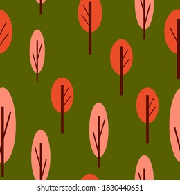 Seamless pattern with autumn trees. Red and pink. Green background. Cartoon flat style. Garden or forest. Nature and ecology. For postcards, wallpaper, textile, scrapbooking and wrapping paper